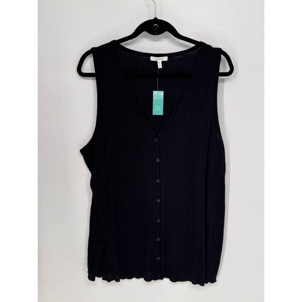 Maurices Tank Top Women 2X Black NWT Ribbed Button Front V-Neck Lettuce Hem